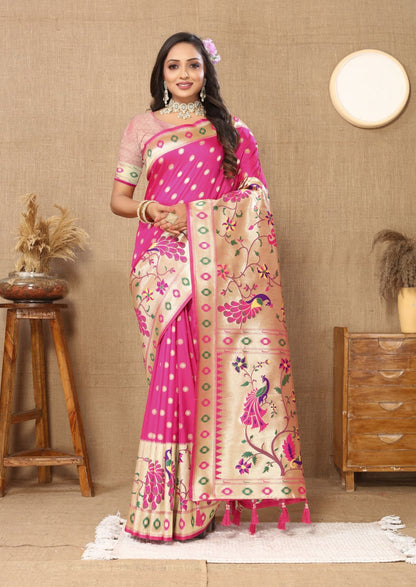 Pink Color Zari Woven Soft Paithani Silk Sarees With Rich Weaving Pallu with tassels.