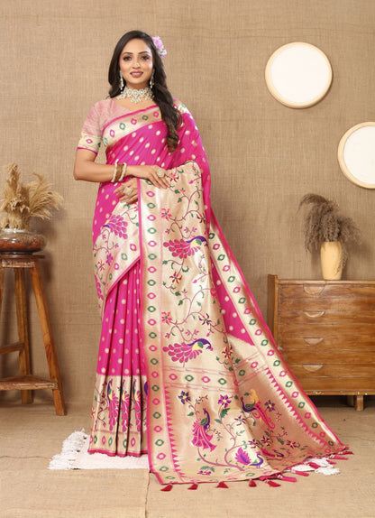 Pink Color Zari Woven Soft Paithani Silk Sarees With Rich Weaving Pallu with tassels.