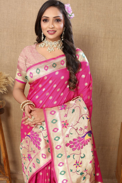 Pink Color Zari Woven Soft Paithani Silk Sarees With Rich Weaving Pallu with tassels.