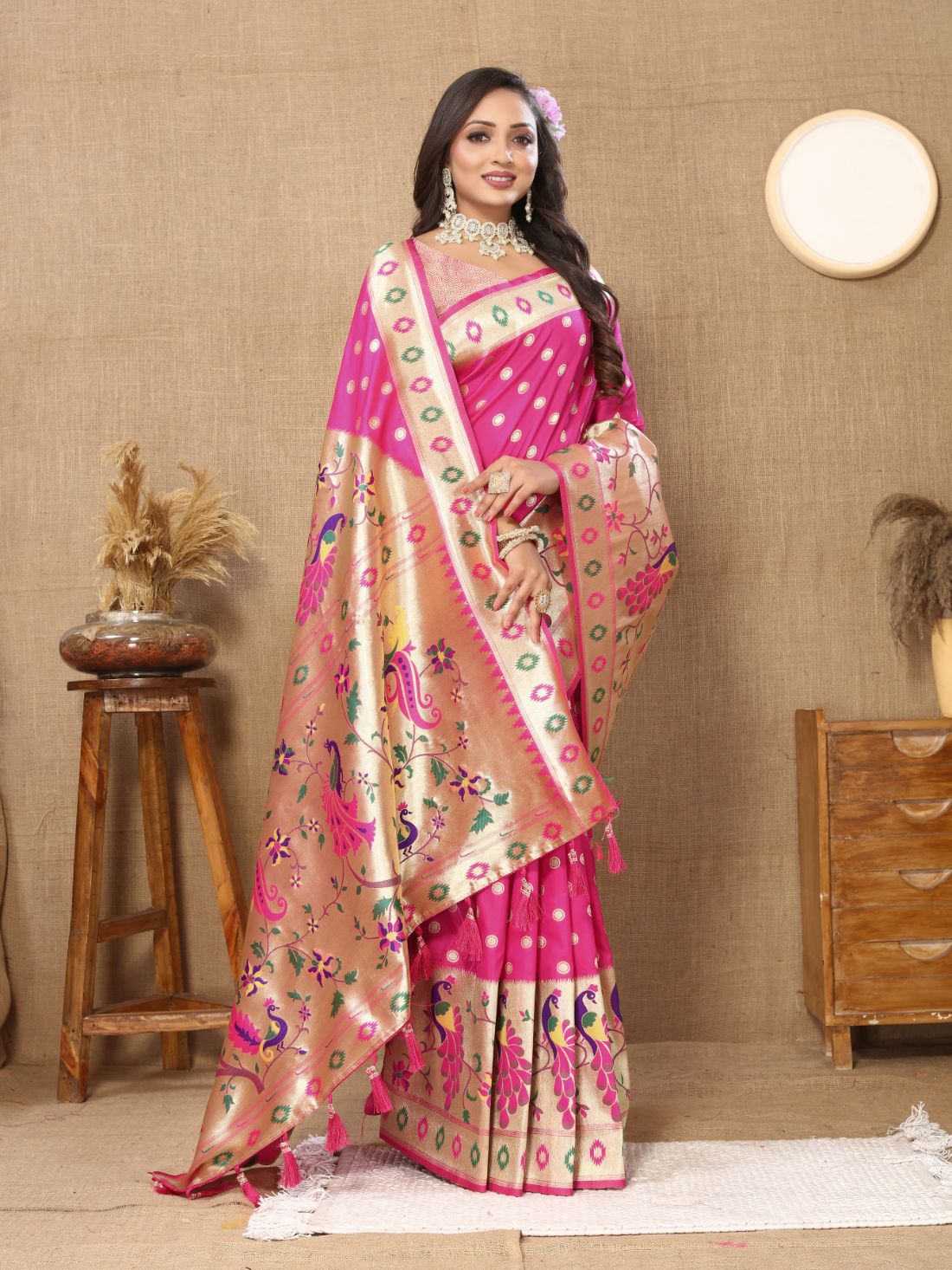 Pink Color Zari Woven Soft Paithani Silk Sarees With Rich Weaving Pallu with tassels.