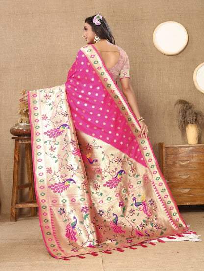 Pink Color Zari Woven Soft Paithani Silk Sarees With Rich Weaving Pallu with tassels.