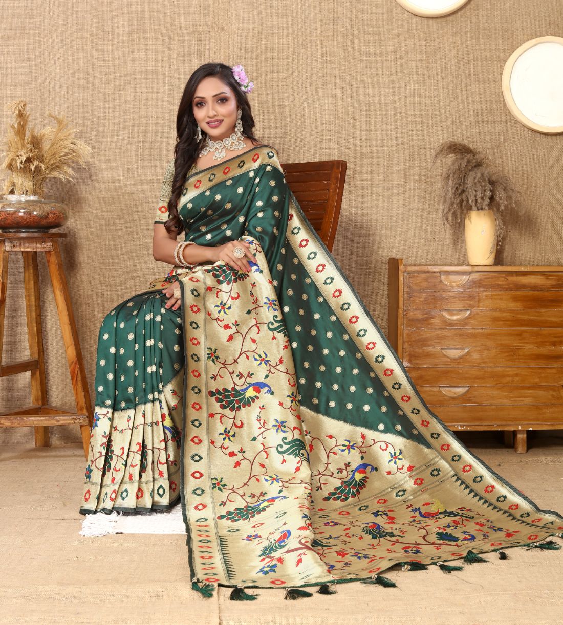 Dark Green Color Zari Woven Soft Paithani Silk Sarees With Rich Weaving Pallu with tassels.