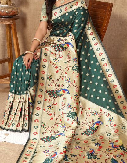 Dark Green Color Zari Woven Soft Paithani Silk Sarees With Rich Weaving Pallu with tassels.