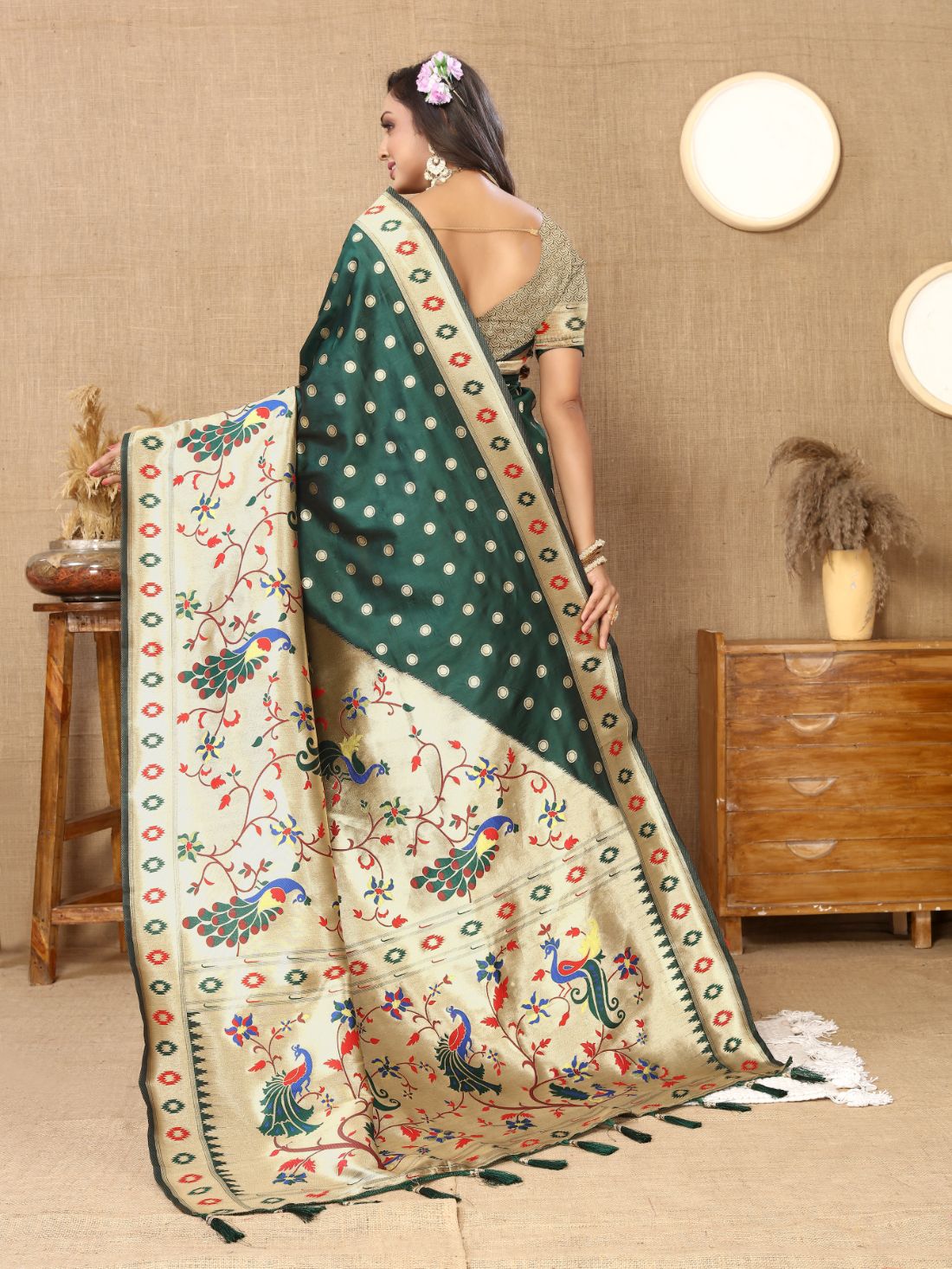 Dark Green Color Zari Woven Soft Paithani Silk Sarees With Rich Weaving Pallu with tassels.