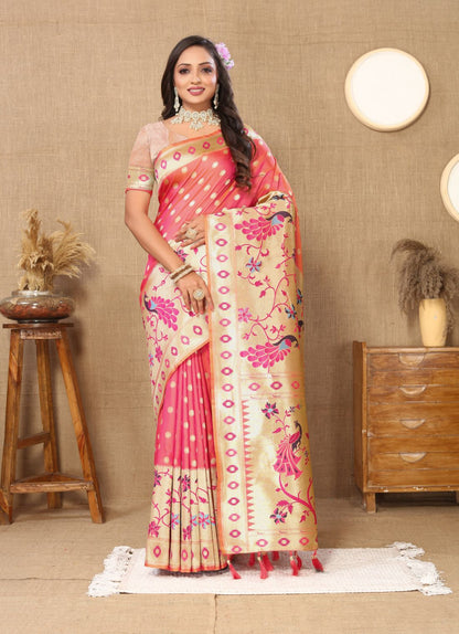 Peach Color Zari Woven Soft Paithani Silk Sarees With Rich Weaving Pallu with tassels.