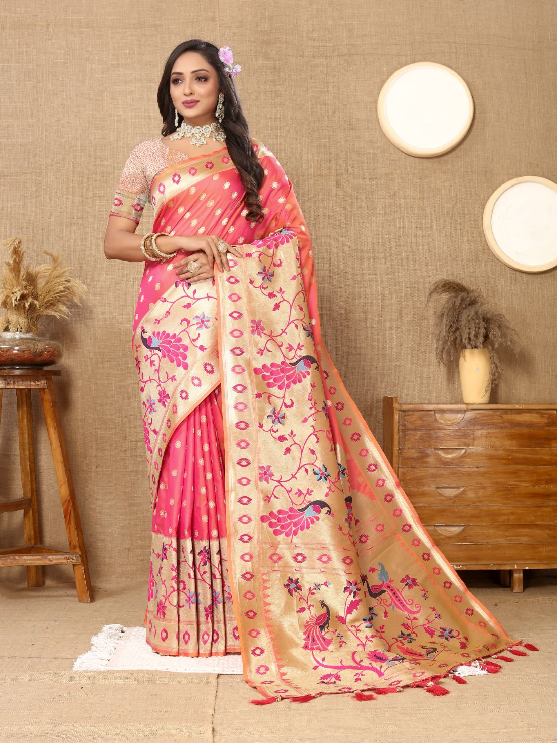 Peach Color Zari Woven Soft Paithani Silk Sarees With Rich Weaving Pallu with tassels.