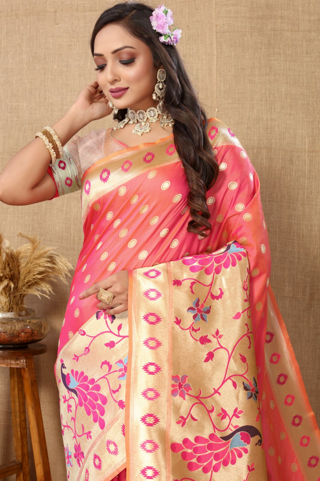 Peach Color Zari Woven Soft Paithani Silk Sarees With Rich Weaving Pallu with tassels.