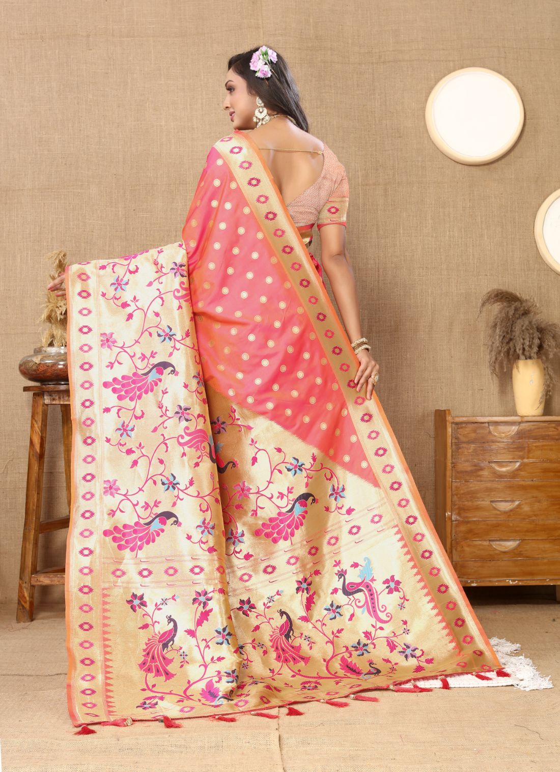 Peach Color Zari Woven Soft Paithani Silk Sarees With Rich Weaving Pallu with tassels.