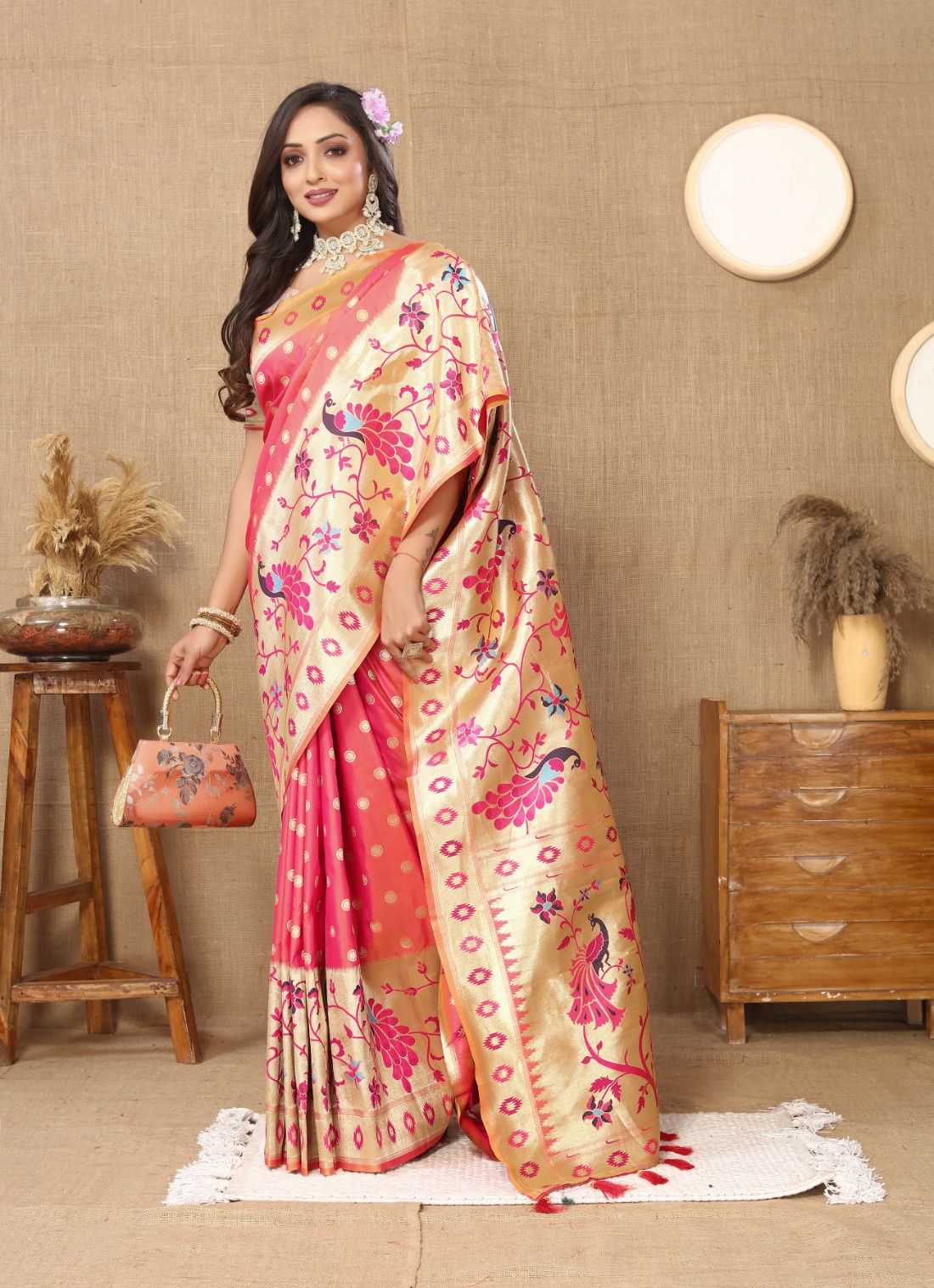 Peach Color Zari Woven Soft Paithani Silk Sarees With Rich Weaving Pallu with tassels.