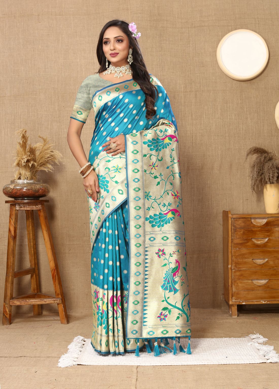 Aqua Blue Color Zari Woven Soft Paithani Silk Sarees With Rich Weaving Pallu with tassels.