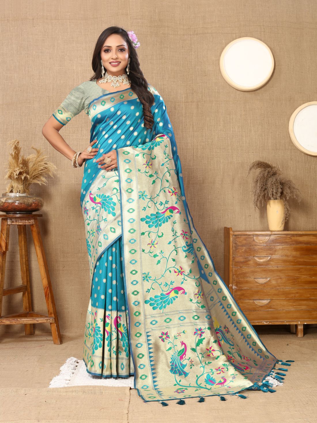 Aqua Blue Color Zari Woven Soft Paithani Silk Sarees With Rich Weaving Pallu with tassels.