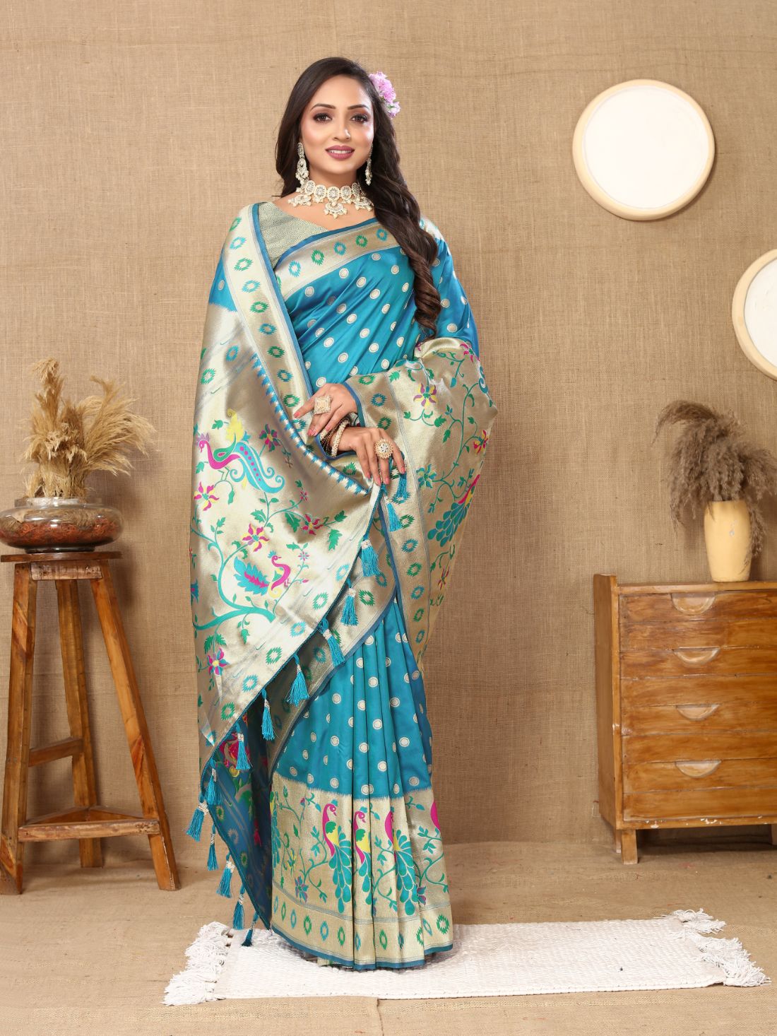 Aqua Blue Color Zari Woven Soft Paithani Silk Sarees With Rich Weaving Pallu with tassels.