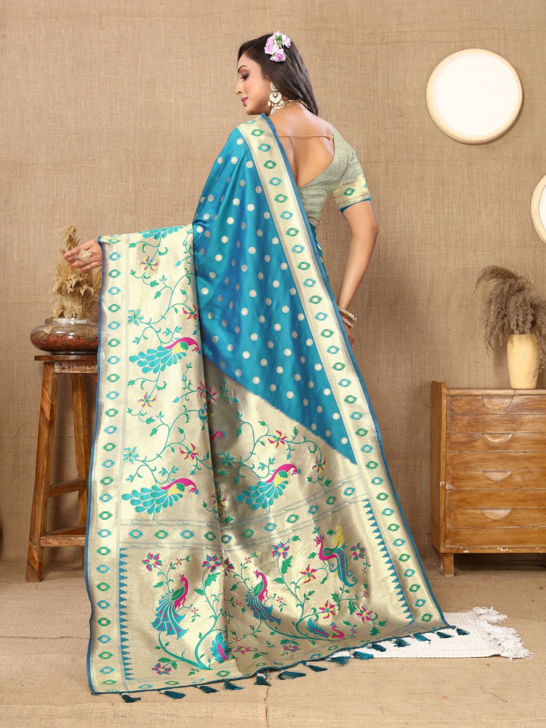 Aqua Blue Color Zari Woven Soft Paithani Silk Sarees With Rich Weaving Pallu with tassels.