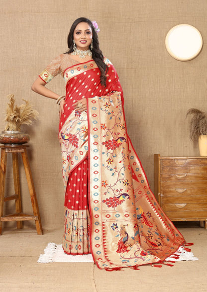 Red Color Zari Woven Soft Paithani Silk Sarees With Rich Weaving Pallu with tassels.