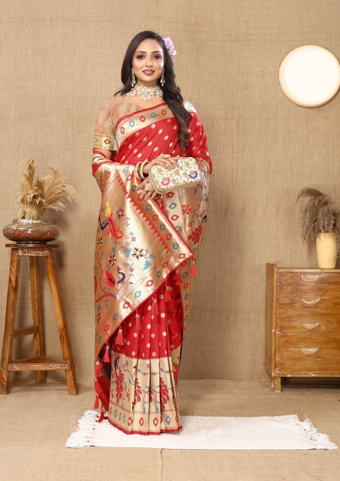 Red Color Zari Woven Soft Paithani Silk Sarees With Rich Weaving Pallu with tassels.