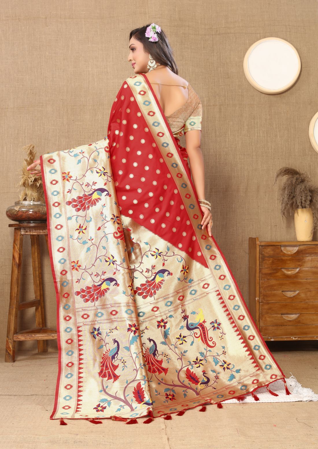 Red Color Zari Woven Soft Paithani Silk Sarees With Rich Weaving Pallu with tassels.