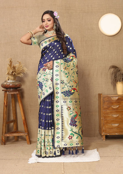 Nevy Blue Color Zari Woven Soft Paithani Silk Sarees With Rich Weaving Pallu with tassels.