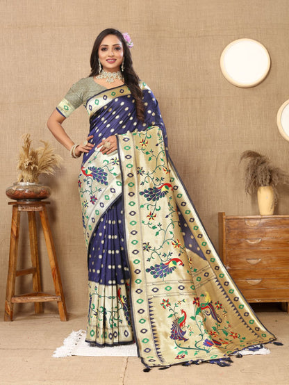 Nevy Blue Color Zari Woven Soft Paithani Silk Sarees With Rich Weaving Pallu with tassels.