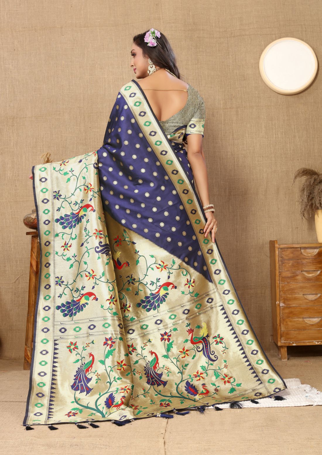 Nevy Blue Color Zari Woven Soft Paithani Silk Sarees With Rich Weaving Pallu with tassels.