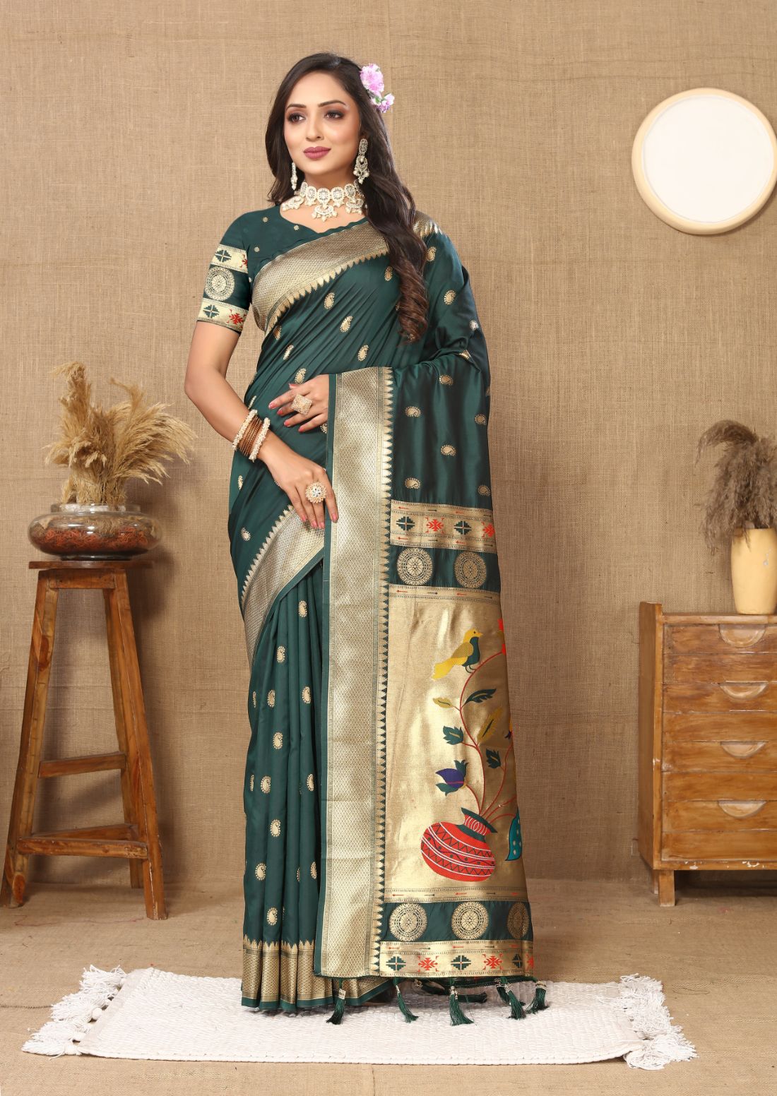 Dark Green Color Zari Woven Soft Paithani Silk Sarees With Rich Weaving Pallu with tassels.