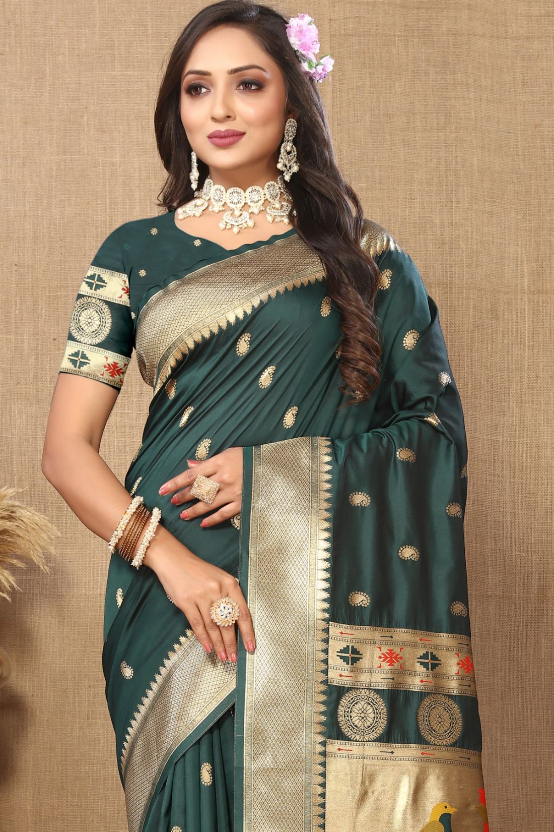 Dark Green Color Zari Woven Soft Paithani Silk Sarees With Rich Weaving Pallu with tassels.