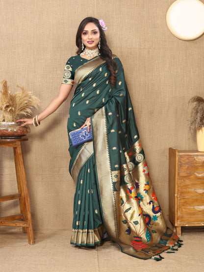 Dark Green Color Zari Woven Soft Paithani Silk Sarees With Rich Weaving Pallu with tassels.