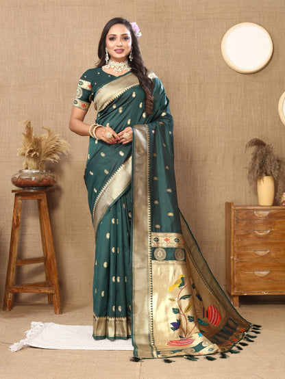 Dark Green Color Zari Woven Soft Paithani Silk Sarees With Rich Weaving Pallu with tassels.