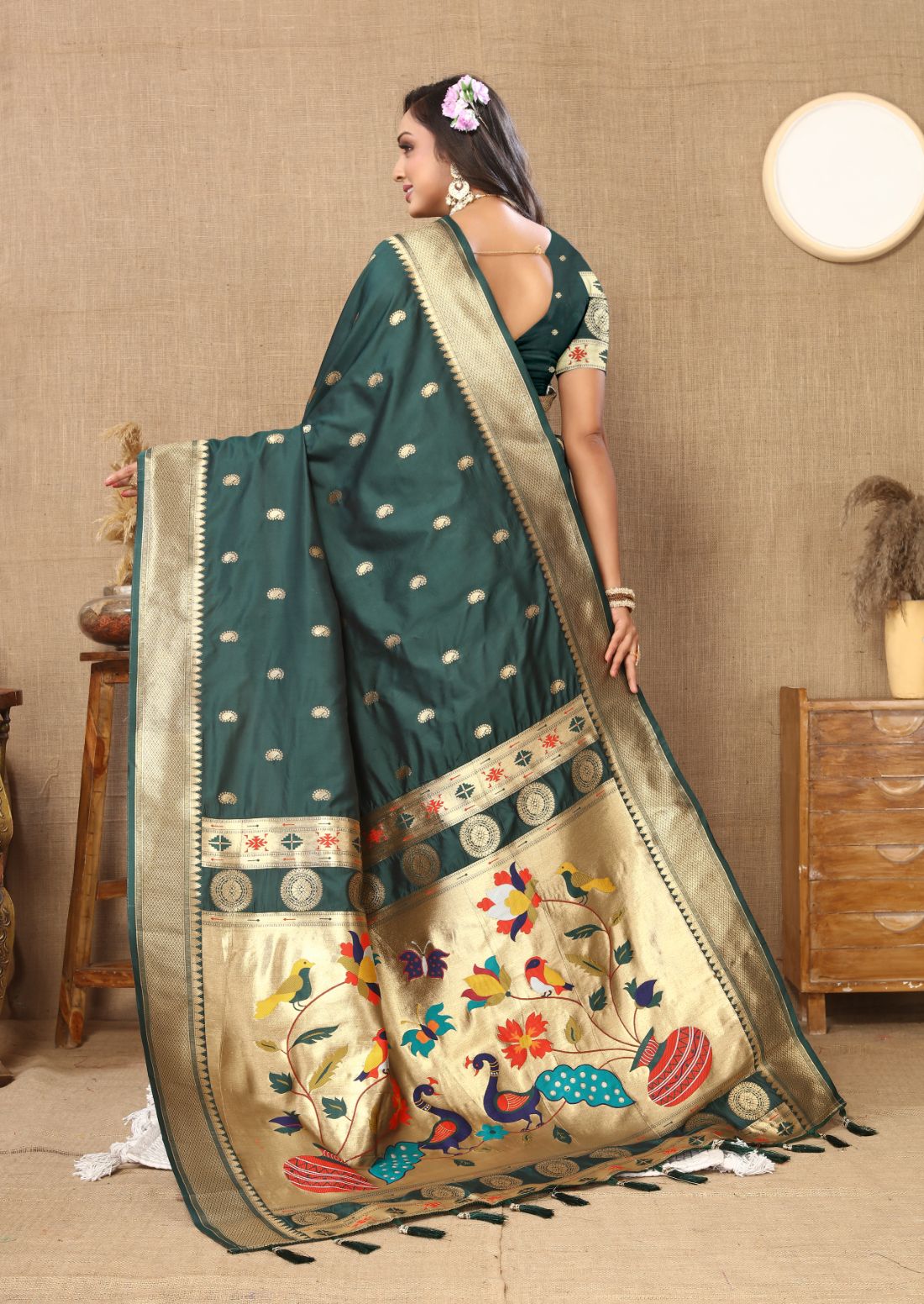 Dark Green Color Zari Woven Soft Paithani Silk Sarees With Rich Weaving Pallu with tassels.