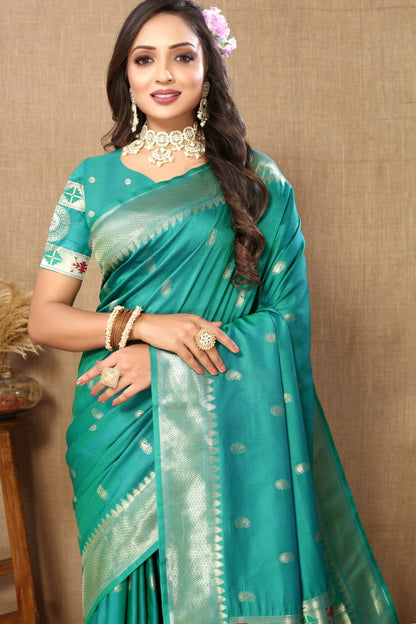 Soft  Paithani  silk saree with zari  weawing design  and  Rich Meenakari  weawing Pallu with  zari weawing border & tessels attach at Pallu end  , Blouse :- Silk weawing Blouse piece