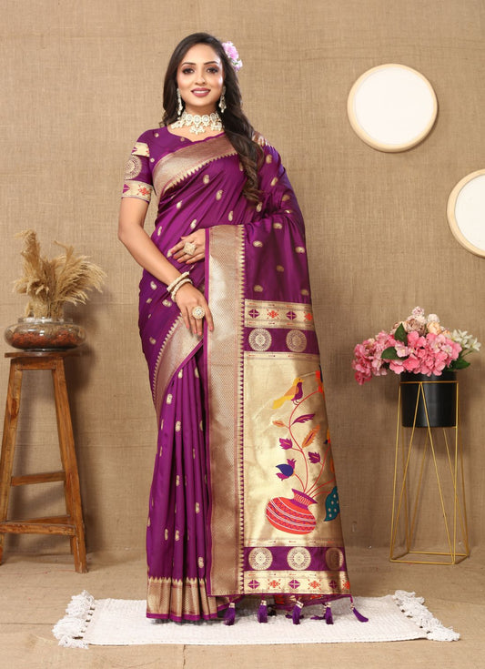 Purple Color Zari Woven Soft Paithani Silk Sarees With Rich Weaving Pallu with tassels.