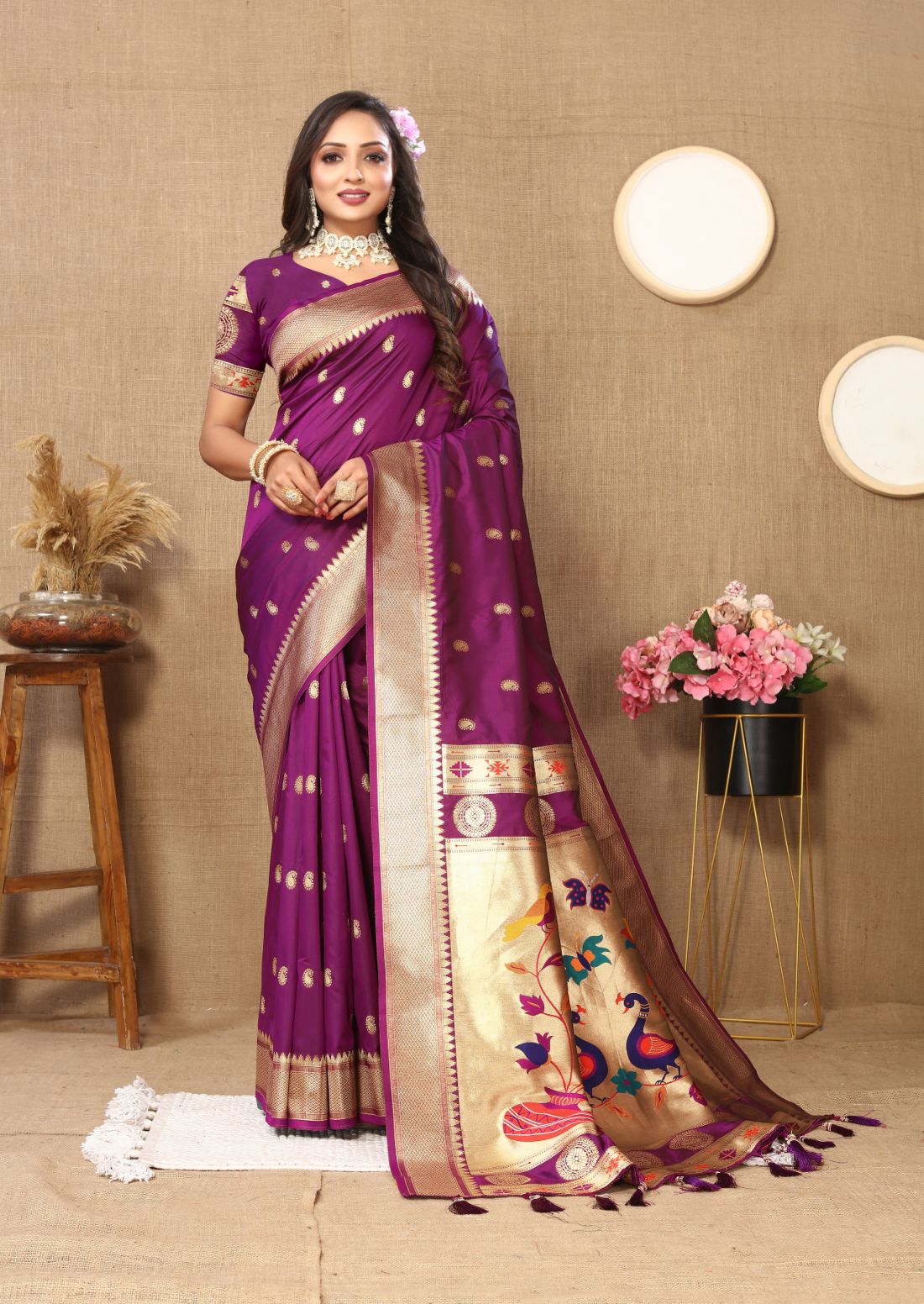 Purple Color Zari Woven Soft Paithani Silk Sarees With Rich Weaving Pallu with tassels.