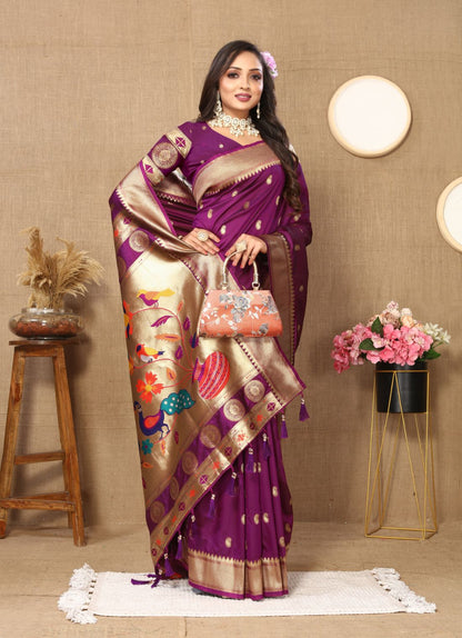 Purple Color Zari Woven Soft Paithani Silk Sarees With Rich Weaving Pallu with tassels.