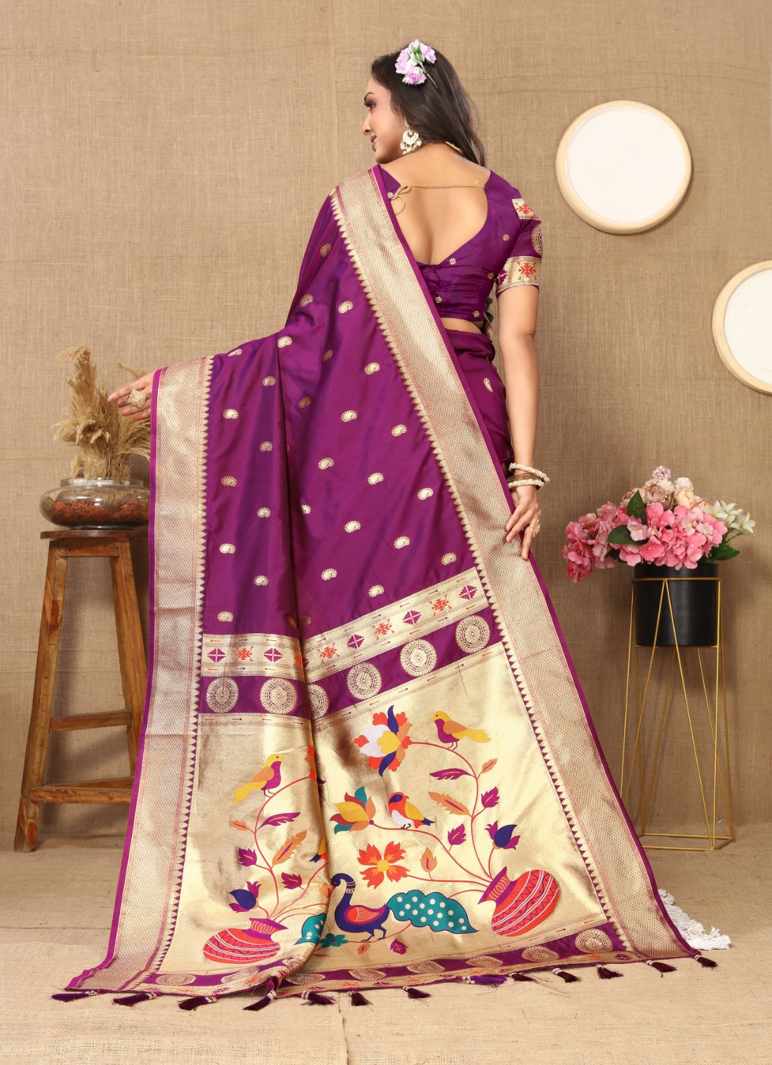 Purple Color Zari Woven Soft Paithani Silk Sarees With Rich Weaving Pallu with tassels.