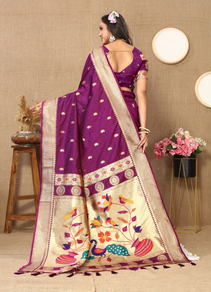 Purple Color Zari Woven Soft Paithani Silk Sarees With Rich Weaving Pallu with tassels.