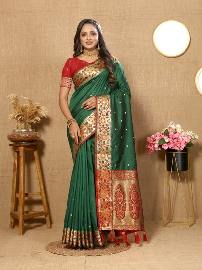 Dark Green Color Golden Zari Woven Soft Paithani Silk Sarees With Rich Weaving Pallu with tassels.