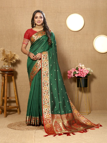 Dark Green Color Golden Zari Woven Soft Paithani Silk Sarees With Rich Weaving Pallu with tassels.