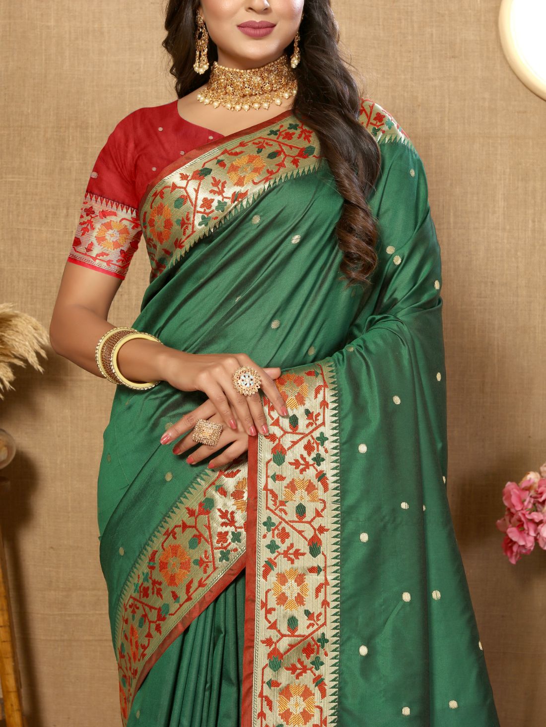 Dark Green Color Golden Zari Woven Soft Paithani Silk Sarees With Rich Weaving Pallu with tassels.