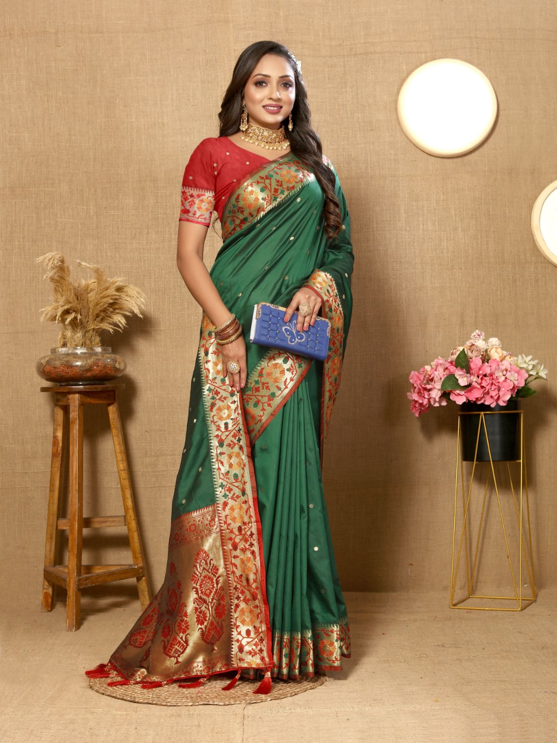 Dark Green Color Golden Zari Woven Soft Paithani Silk Sarees With Rich Weaving Pallu with tassels.