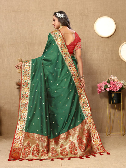 Dark Green Color Golden Zari Woven Soft Paithani Silk Sarees With Rich Weaving Pallu with tassels.