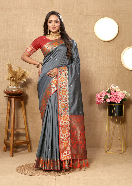 Grey Color Golden Zari Woven Soft Paithani Silk Sarees With Rich Weaving Pallu with tassels.