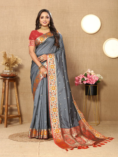 Grey Color Golden Zari Woven Soft Paithani Silk Sarees With Rich Weaving Pallu with tassels.