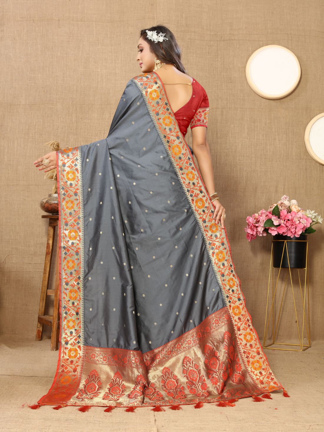 Grey Color Golden Zari Woven Soft Paithani Silk Sarees With Rich Weaving Pallu with tassels.