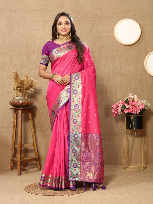 Pink Color Golden Zari Woven Soft Paithani Silk Sarees With Rich Weaving Pallu with tassels.