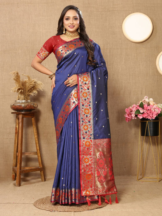 Nevy Blue Color Golden Zari Woven Soft Paithani Silk Sarees With Rich Weaving Pallu with tassels.