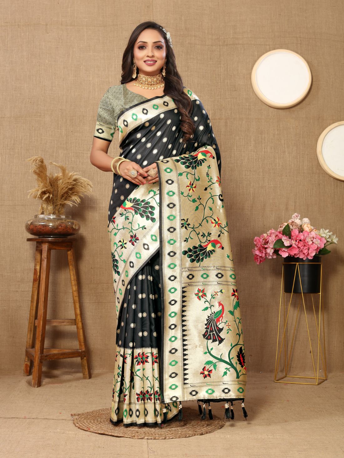 Black Color Zari Woven Soft Paithani Silk Sarees With Rich Weaving Pallu with tassels.