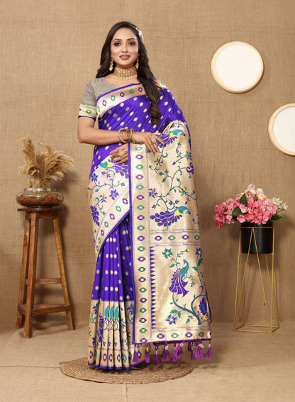 Royal Blue Color Zari Woven Soft Paithani Silk Sarees With Rich Weaving Pallu with tassels.