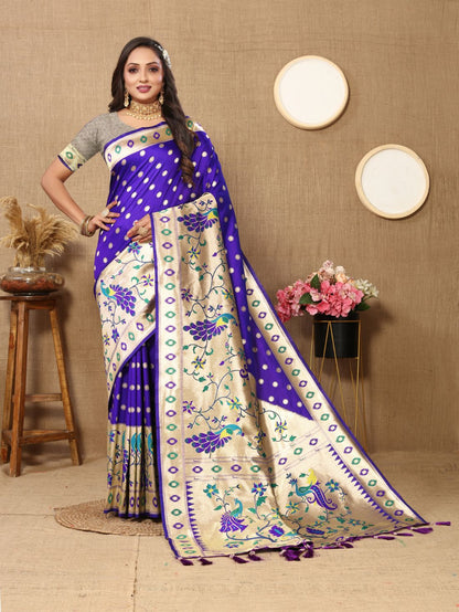 Royal Blue Color Zari Woven Soft Paithani Silk Sarees With Rich Weaving Pallu with tassels.