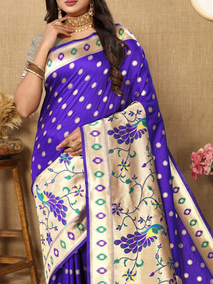 Royal Blue Color Zari Woven Soft Paithani Silk Sarees With Rich Weaving Pallu with tassels.