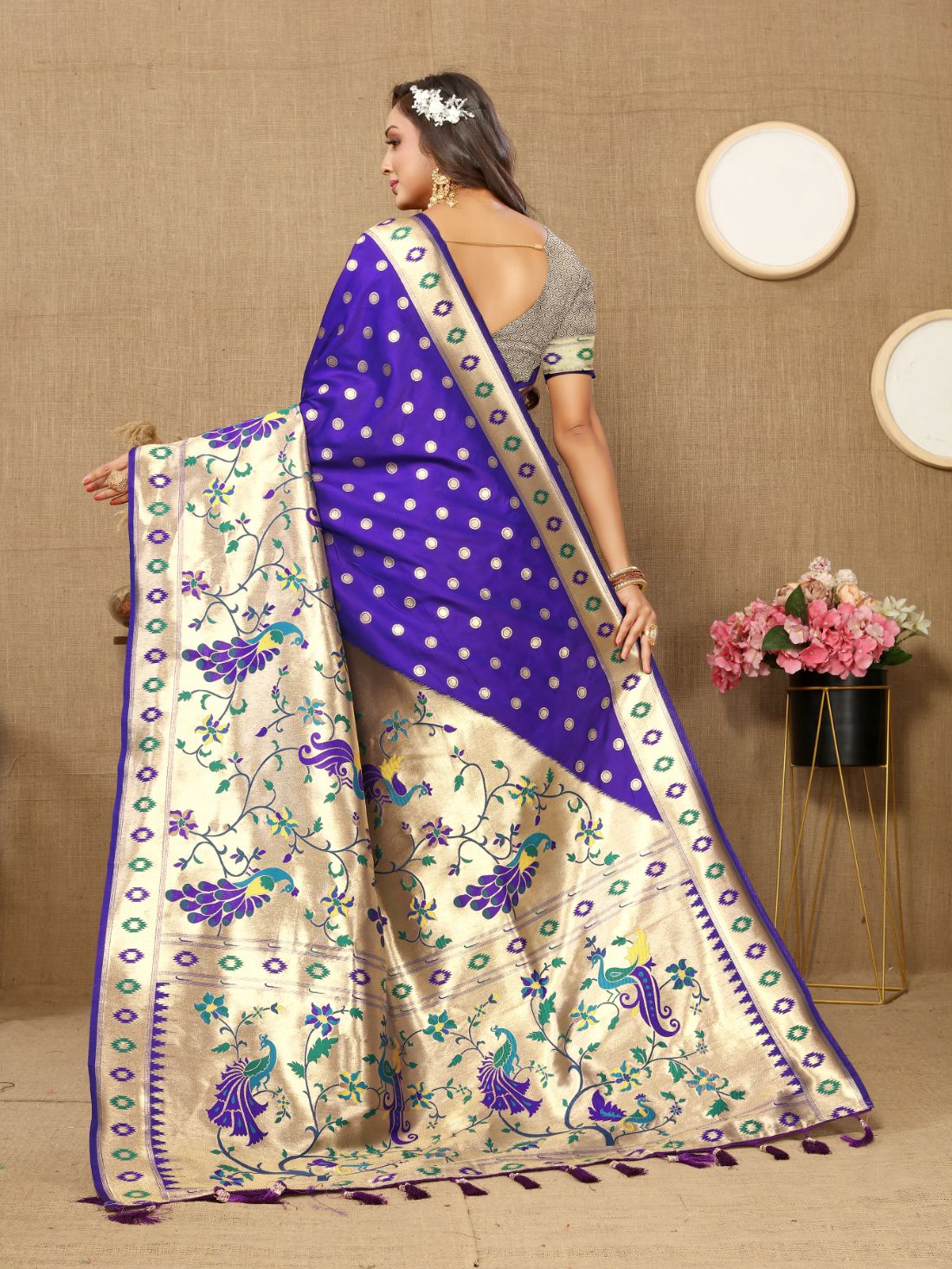 Royal Blue Color Zari Woven Soft Paithani Silk Sarees With Rich Weaving Pallu with tassels.