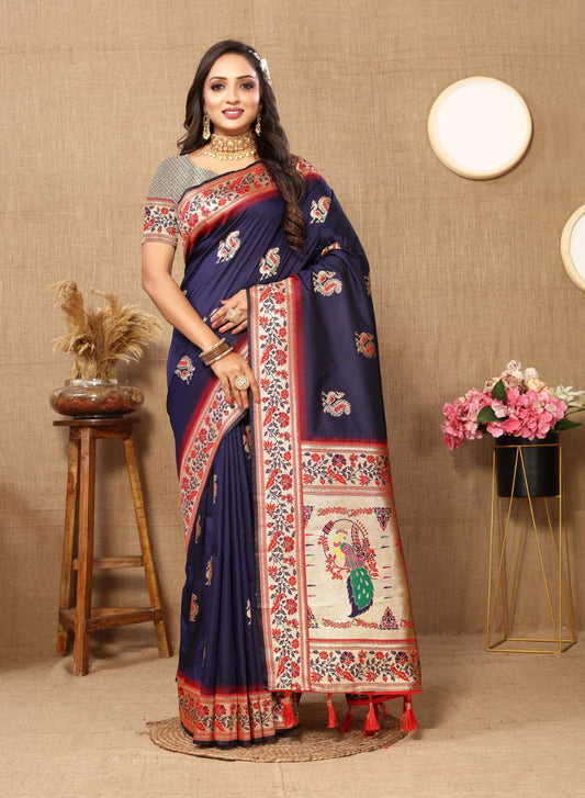 Nevy Blue Color Zari Woven Soft Paithani Silk Sarees With Rich Weaving Pallu with tassels.